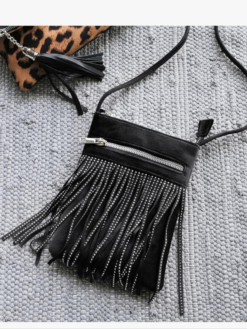 Black Fringe Tassel Crossbody Bag with Stud Detail